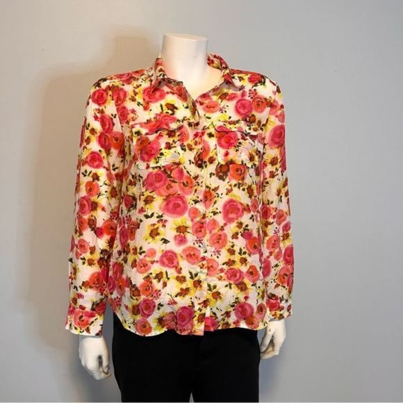 Ann Taylor Women's Double Pocket Long Sleeve Red Cream Print Button Down top US6 - Picture 1 of 10